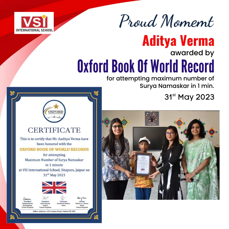 VSI School Proud Moment Aditya Verma Awarded by Oxford Book of World Record