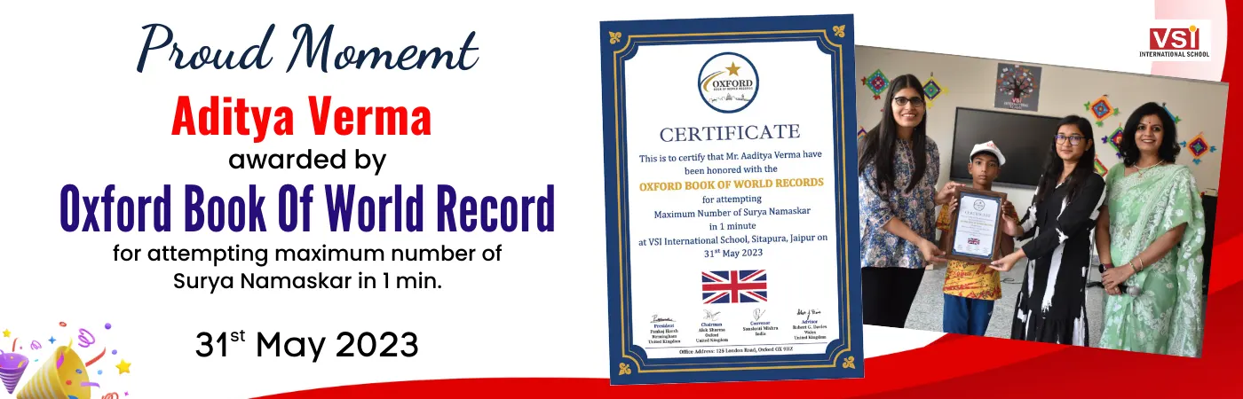 VSI School Proud Moment Aditya Verma Awarded by Oxford Book of World Record