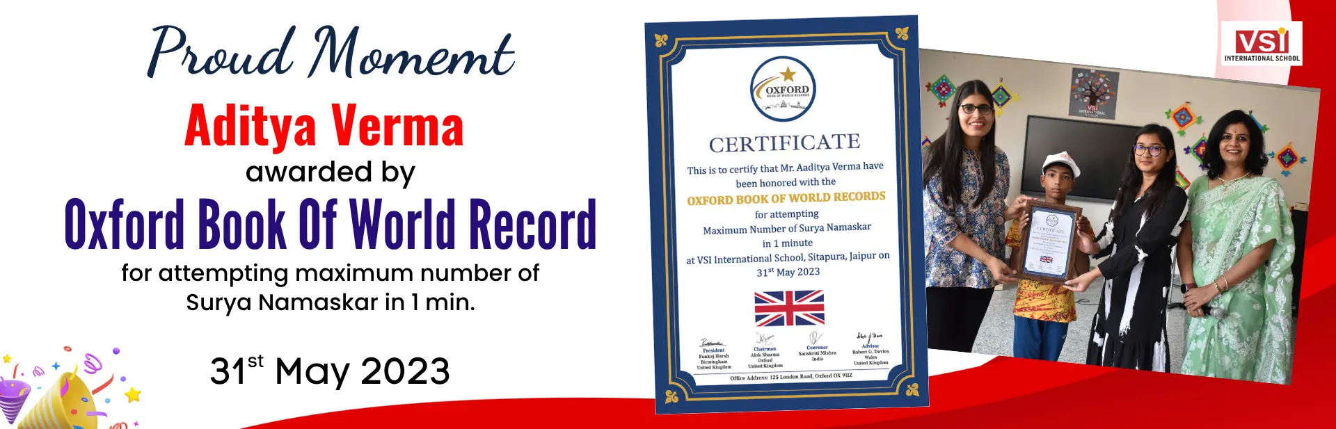 VSI School Proud Moment Aditya Verma Awarded by Oxford Book of World Record